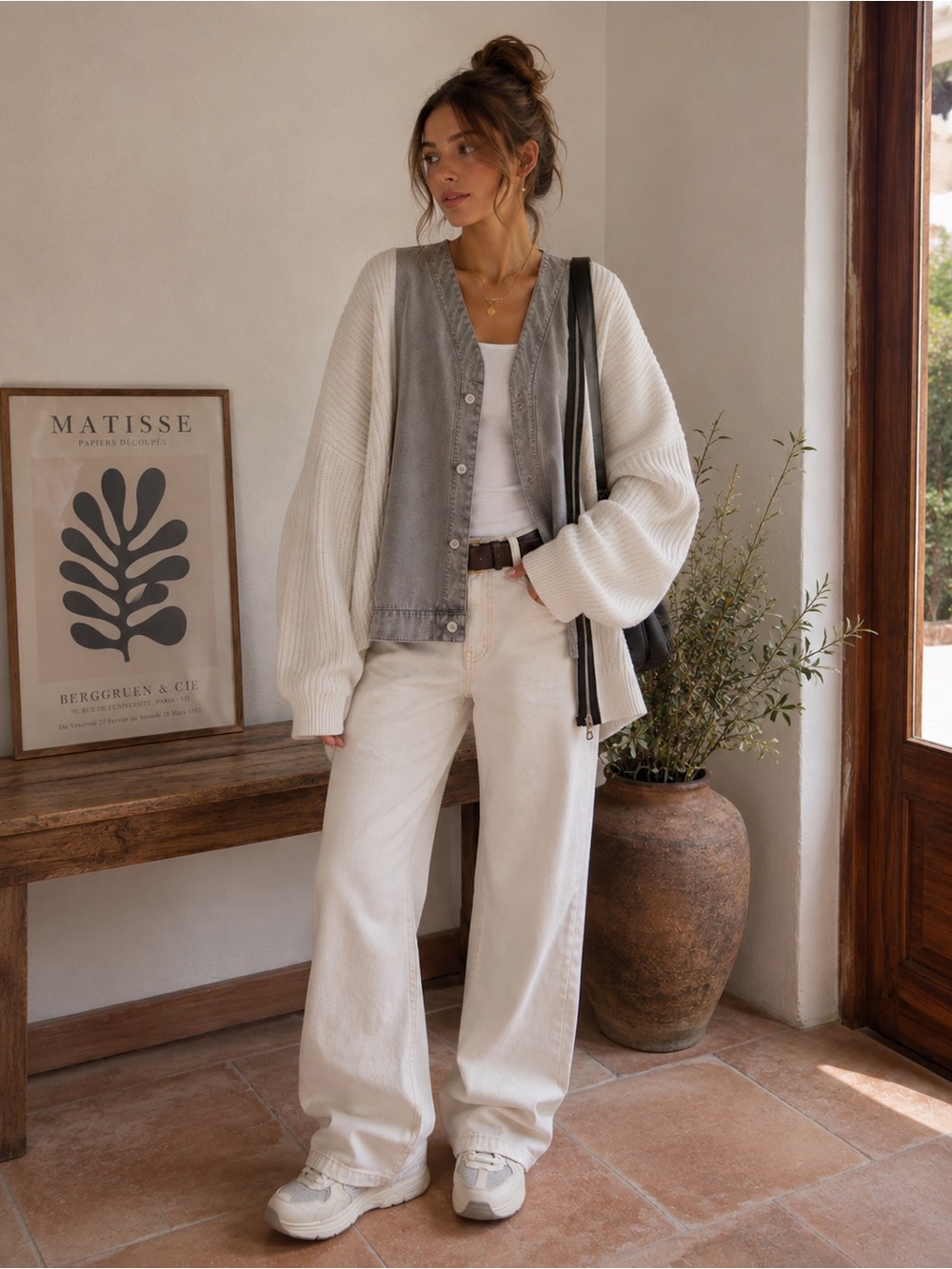 POL Cream and Gray Demin Cardigan Jacket